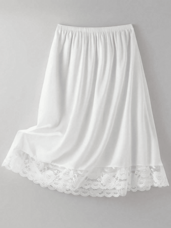 QING ROU Knee Length White Satin Contrast Lace Lined Skirt, Opaque Slip Skirt With Floral Lace Trim, A-Line Skirt, Suitable For Matching Outfit