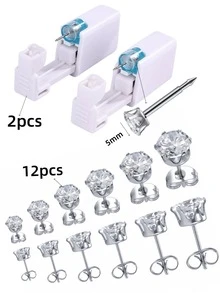 14pcs/Set Sterile Ear Piercing Kit, (2 Ear Piercer + 12 Zirconia Ear Rings), No-Pain Disposable Earring Gun For Cartilage, Ear Beauty Tools For Men And Women - Silver - View 13