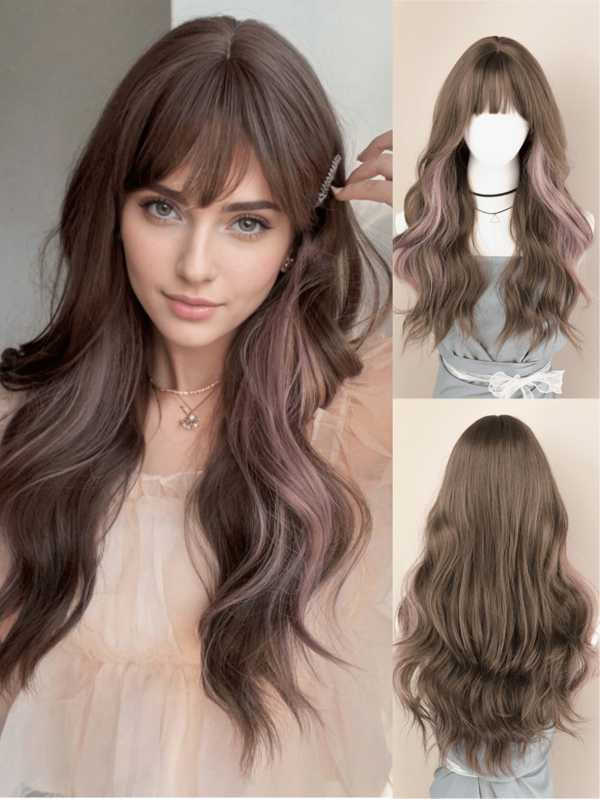 26 Inch Heat Resistant Synthetic Wig, Brown & Pink Curly Wavy High Layered With Bangs, Suitable For Fashionable Women And Girls Costume Party Role Play