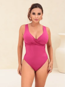 Simple Bodysuit Women's Swimsuit Slims Waist Defines Silhouette Double Fabric Cup Water Aerobics Beach Shapewear Elegant Casual - 玫瑰紅 - 查看 4