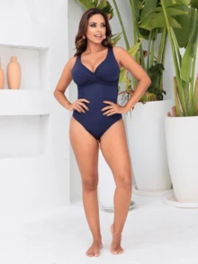 Simple Bodysuit Women's Swimsuit Slims Waist Defines Silhouette Double Fabric Cup Water Aerobics Beach Shapewear Elegant Casual - 藏蓝色 - 查看 7