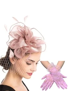 3Pcs Fascinators With Lace Gloves For Women Tea Party Hat Pillbox Hat With Veil Wedding Party Headpiece Retro 20s 50s New
