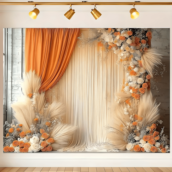 1pc Bohemian Luxury Wedding Backdrop With Orange Roses And White Fabric Curtains | Symmetrical Floral Arch, Cream Tulle Curtains, Gypsophila And Peonies, Suitable For Wedding Reception, Proposal, Indoor And Outdoor Photography, No Electricity Required