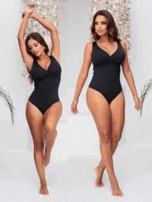 Simple Bodysuit Women's Swimsuit Slims Waist Defines Silhouette Double Fabric Cup Water Aerobics Beach Shapewear Elegant Casual - 黑色 - 查看 2