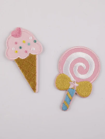 2pcs Cartoon Lollipop & Ice Cream Embroidered Cloth Patches, Self-Adhesive Decoration For Apparel, Bags, Phone Cases, Curtains And DIY