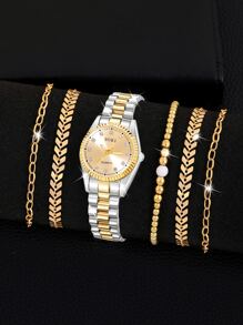 SOKI SOKI 6Pcs/Set Ladies Watch Women's Golden-Tone Alloy Bracelet Watch With Gorgeous Full Rhinestone Dial Quartz Wristwatch And Bangle Set Suitable For Daily Wear, Back-To-School Season, Graduation Season, Thanksgiving, Couples, The Best Gifts