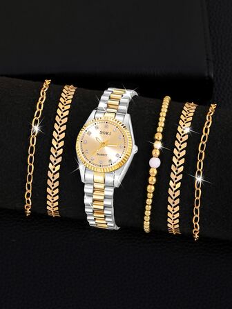 1 طقم ساعة نسائية، سوار من سبيكة ذهبية، قرص مرصع بالراين ستون، ساعة يد كوارتز مع سوار، مثالية للارتداء اليومي، هدية عيد ميلاد، حفلة، تجمع عطلة، هدية مثالية لنفسك أو الأصدقاء