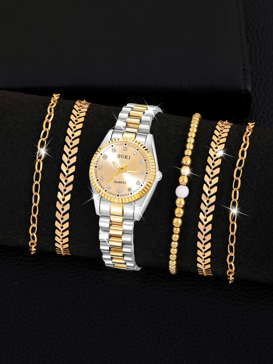SOKI SOKI 6Pcs/Set Ladies Watch Women's Golden-Tone Alloy Bracelet Watch With Gorgeous Full Rhinestone Dial Quartz Wristwatch And Bangle Set Suitable For Daily Wear, Back-To-School Season, Graduation Season, Thanksgiving, Couples, The Best Gifts