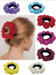 1pc Random Color Simulation Fabric Foam Rose Flower Hair Scrunchie, Suitable For Buns, Beach Vacation Hair Accessory For Girls Scrunchies Hair Ties Scrunchy Hair Ties ,Gifts