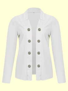Women's Casual Office Commute Double-Breasted Solid Color Blazer Cardigan, Long Sleeve, Autumn White Spring - White - View 2