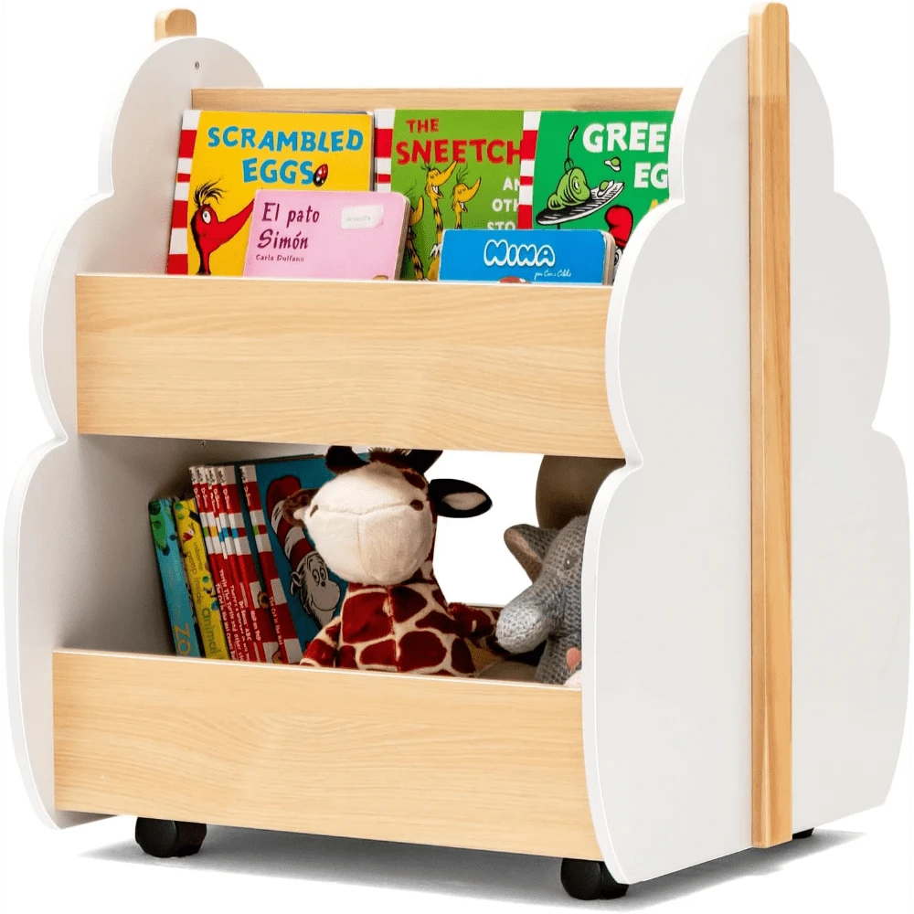 Kinder Bücherregal auf Rollen, 2 Ebenen Spielzeugregal aus Holz, 52 x 46 x 62,5 cm (Grün) - Weiß+natur - Übersicht 1