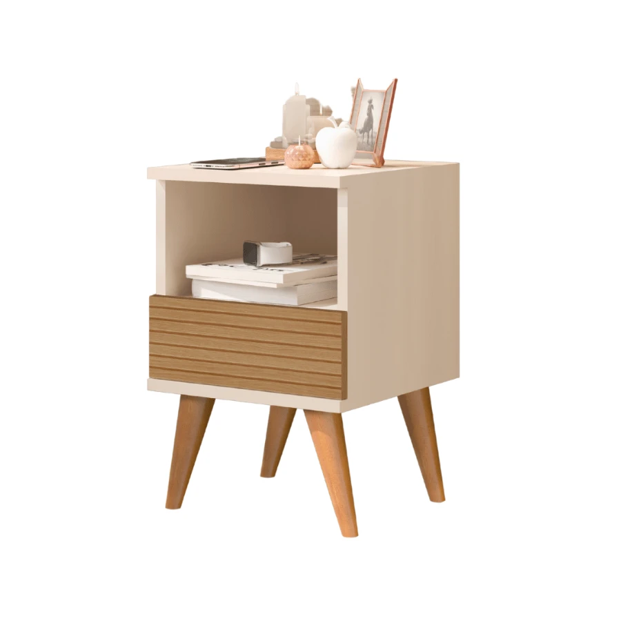 PIX 1-DRAWER BEDSIDE TABLE WITH PRINTED SLAT WITH WOODEN STICK LEGS - Beige - View 1