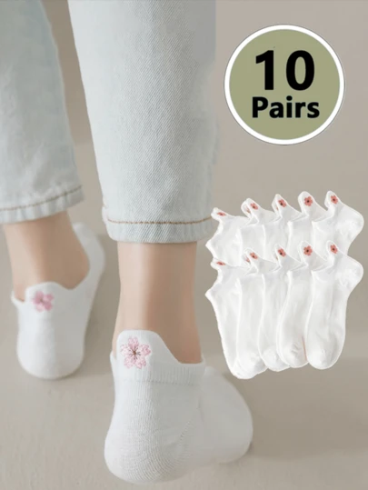 3/5/6/10/15/20 Pairs Women's White Summer New Mesh Sakura Embroidery Ultra-Thin College Style Boat Socks, Non-Slip Heel, JK Socks