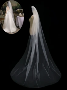 1 件白色新娘面纱，超优雅简约单层短款 100 厘米腰/臀长面纱，200 厘米短拖尾及踝长面纱，300 厘米长拖尾及地长面纱，精致象牙色薄纱婚礼面纱，带发梳，长度 100-200-300 厘米，适合婚礼、派对、角色扮演、拍照、复古风格女士秋装