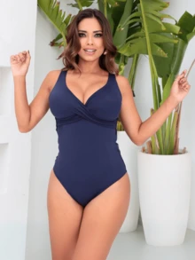 Simple Bodysuit Women's Swimsuit Slims Waist Defines Silhouette Double Fabric Cup Water Aerobics Beach Shapewear Elegant Casual - 藏蓝色 - 查看 6