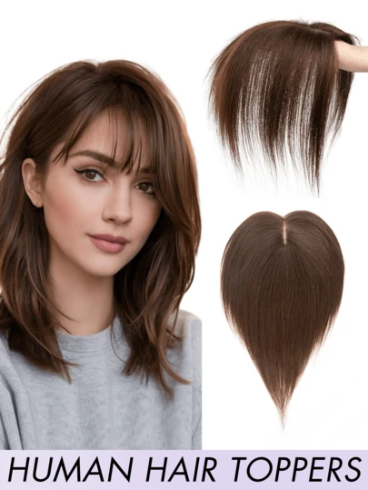 女士假发，无刘海真人发，360°假发升级版，女士假发底座，带 3 个夹子，适合头发稀疏、白发、脱发、增加发量、深棕色 8 英寸-14 英寸