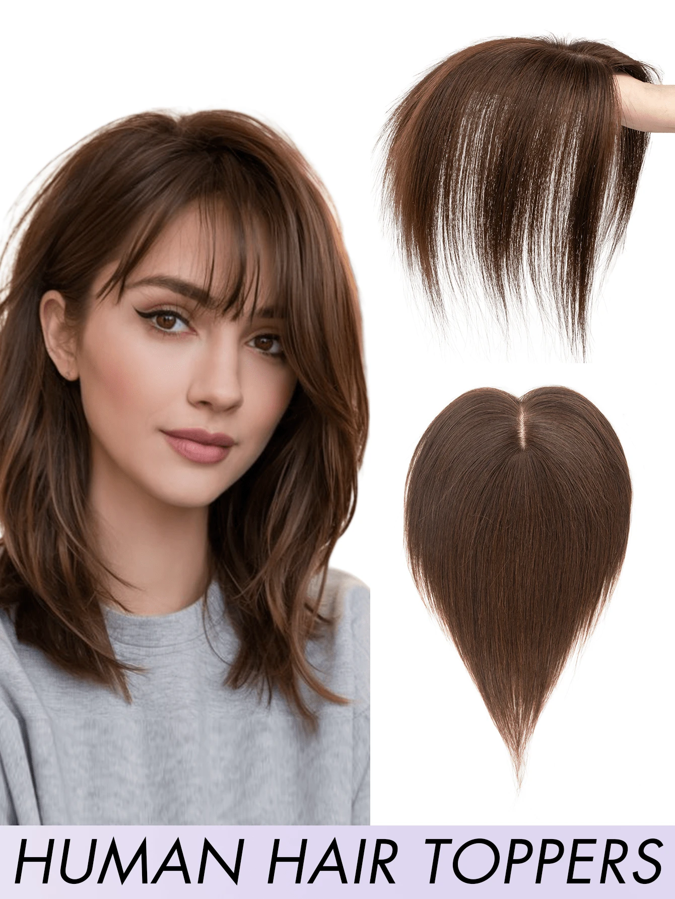 8-14 Inch Women's Bangs-Free Human Hair Topper, 360° Rotatable Upgraded Base With 3 Clips, Suitable For Thinning Hair, White Hair, Hair Loss, Adds Volume, Dark Brown Color - Dark Brown - View 1