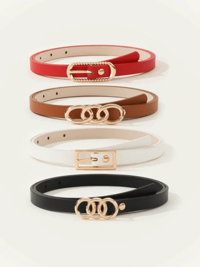 4件套女士奢华金色三环扣装饰细腰带，适合搭配T恤、连衣裙，尺码S，适合办公室、通勤、日常夏季、秋季、万圣节等场合穿着。