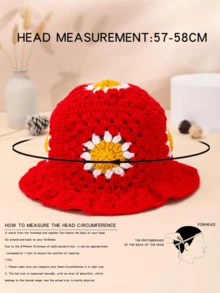 1pc Handmade Crochet Sunflower Pattern Decorated Colorful Patchwork Cute Sweet Style Bucket Hat For Outing And Play, Women - Red - View 3