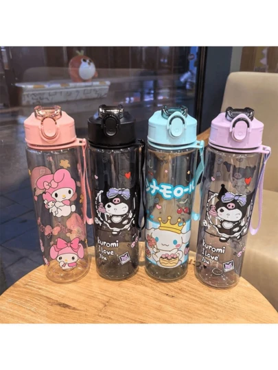 Sanrio 1 pieza Botella de agua deportiva transparente de 800ml/27oz con diseño de dibujos animados, a prueba de fugas, con tapa abatible, adecuada para fitness, correr, regalos, cumpleaños, actividades al aire libre, camping