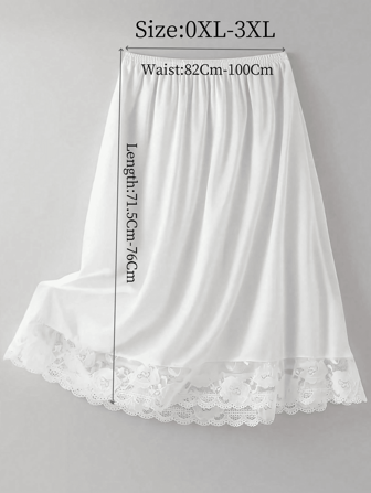 QING ROU Knee Length White Satin Contrast Lace Lined Skirt, Opaque Slip Skirt With Floral Lace Trim, A-Line Skirt, Suitable For Matching Outfit