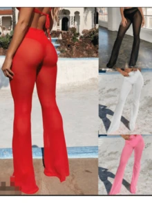 Women See-Through Pants Bikini Cover Up Mesh Ruffle Bottoms Plus Size Loose Long Trousers Beachwear Swimwear Swimsuit - Red - View 3