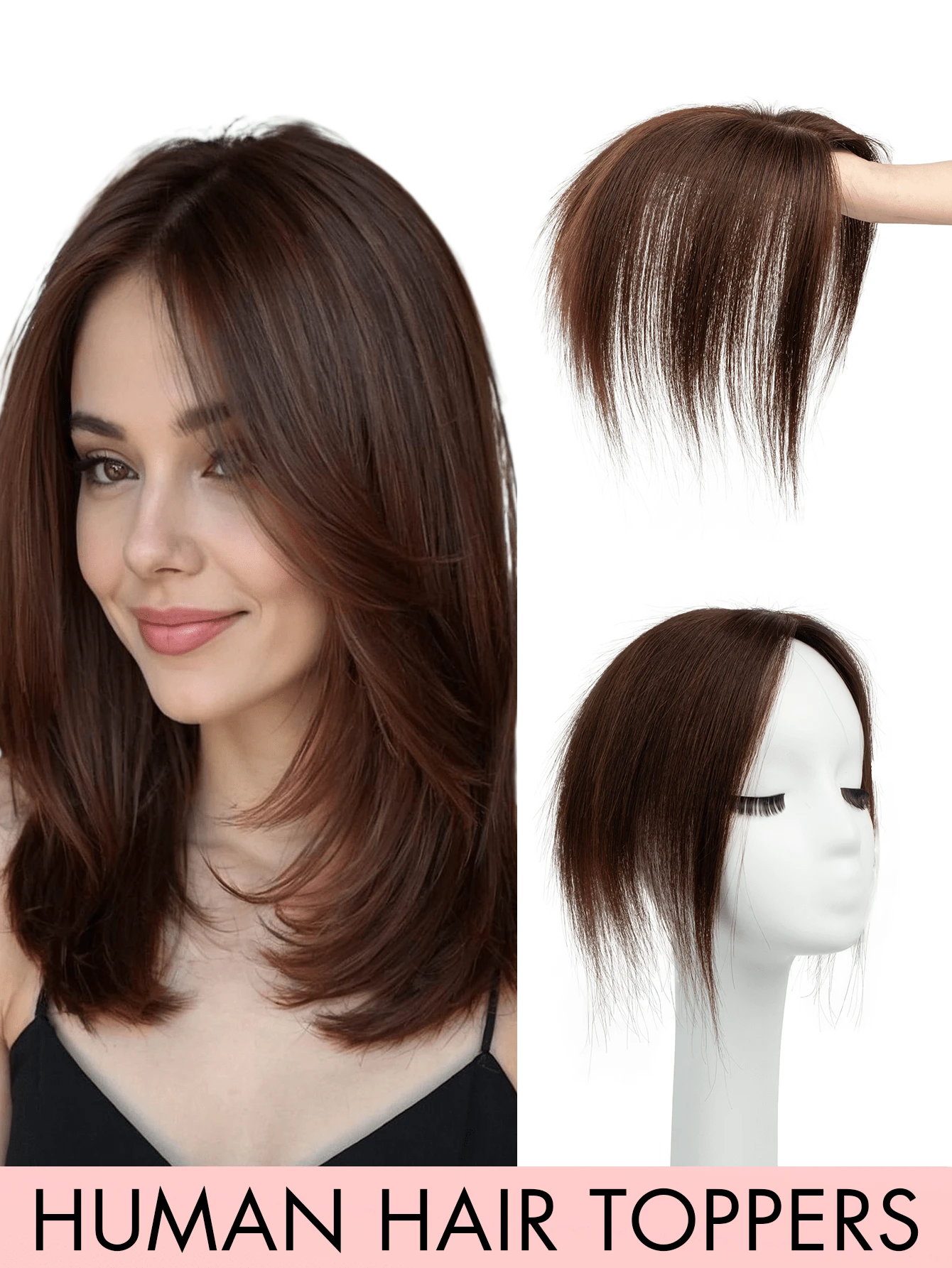 Tópicos para cabelo para mulheres, cabelo humano real, sem franja, 360° 3D cabelo humano para cabelo ralo, cabelo grisalho, perda de cabelo, adiciona volume ao cabelo, base com 3 clipes, tópicos para mulheres (castanho escuro 8-14 polegadas)
