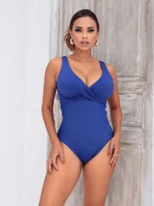 Simple Bodysuit Women's Swimsuit Slims Waist Defines Silhouette Double Fabric Cup Water Aerobics Beach Shapewear Elegant Casual - 寶藍色 - 查看 1