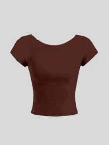 2 Backless Baby Tee Blouse With Open Back And Low Cut - Beige y marrón - Ver 3