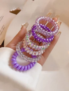 Set Of 6 Gradient-Colored Candy-Themed Hair Ties, The Sweet Girl Style, Phone Coil Design, Gentle On Hair Accessories. - Multicolor - View 5