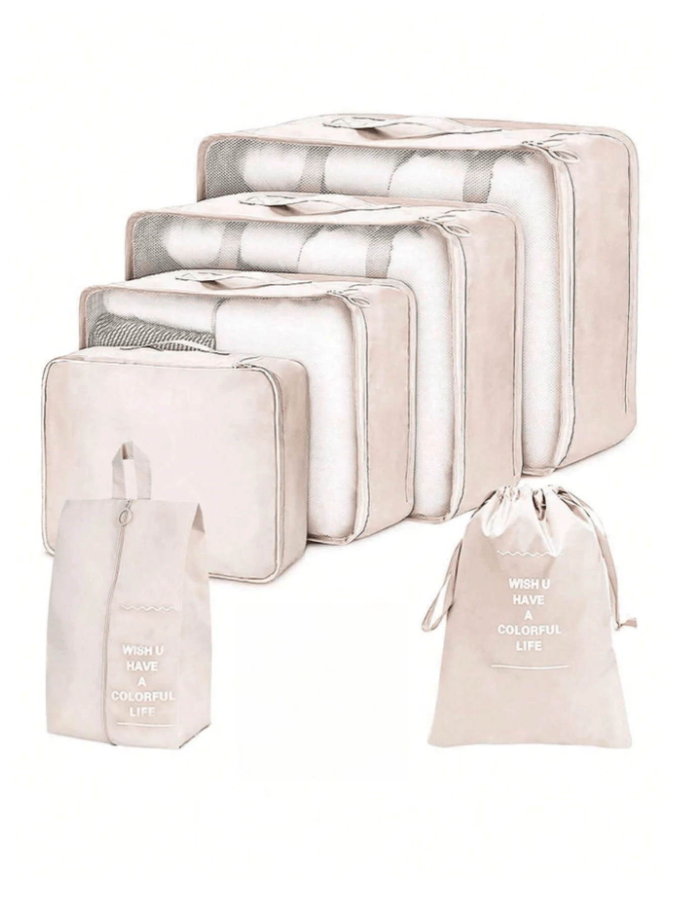 1 套旅行行李打包立方体收纳袋套装，包括洗漱包、化妆包、内衣、鞋子和服装分类收纳袋、旅行收纳袋、衣服行李收纳袋套装、邮轮度假海滩度假用品、夏季旅行必需品、女士行李箱内衣袋