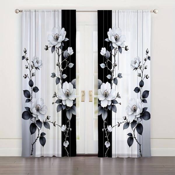 2 piezas Cortinas con estampado floral en blanco y negro, 100% poliéster, aptas para dormitorio, oficina, cocina, sala de estar y decoración de despacho, cortinas para sala de estar
