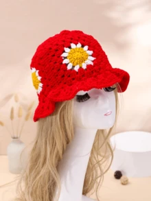 1pc Handmade Crochet Sunflower Pattern Decorated Colorful Patchwork Cute Sweet Style Bucket Hat For Outing And Play, Women - Red - View 2