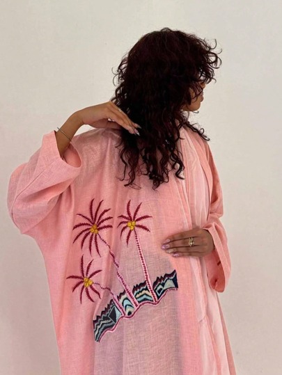 1 peça cor sólida simples tamanho único bordado de coco moda feminina vestuário do Oriente Médio saia longa vestido elegante robe ramadan abaya adequado para festivais e vida diária, modesto