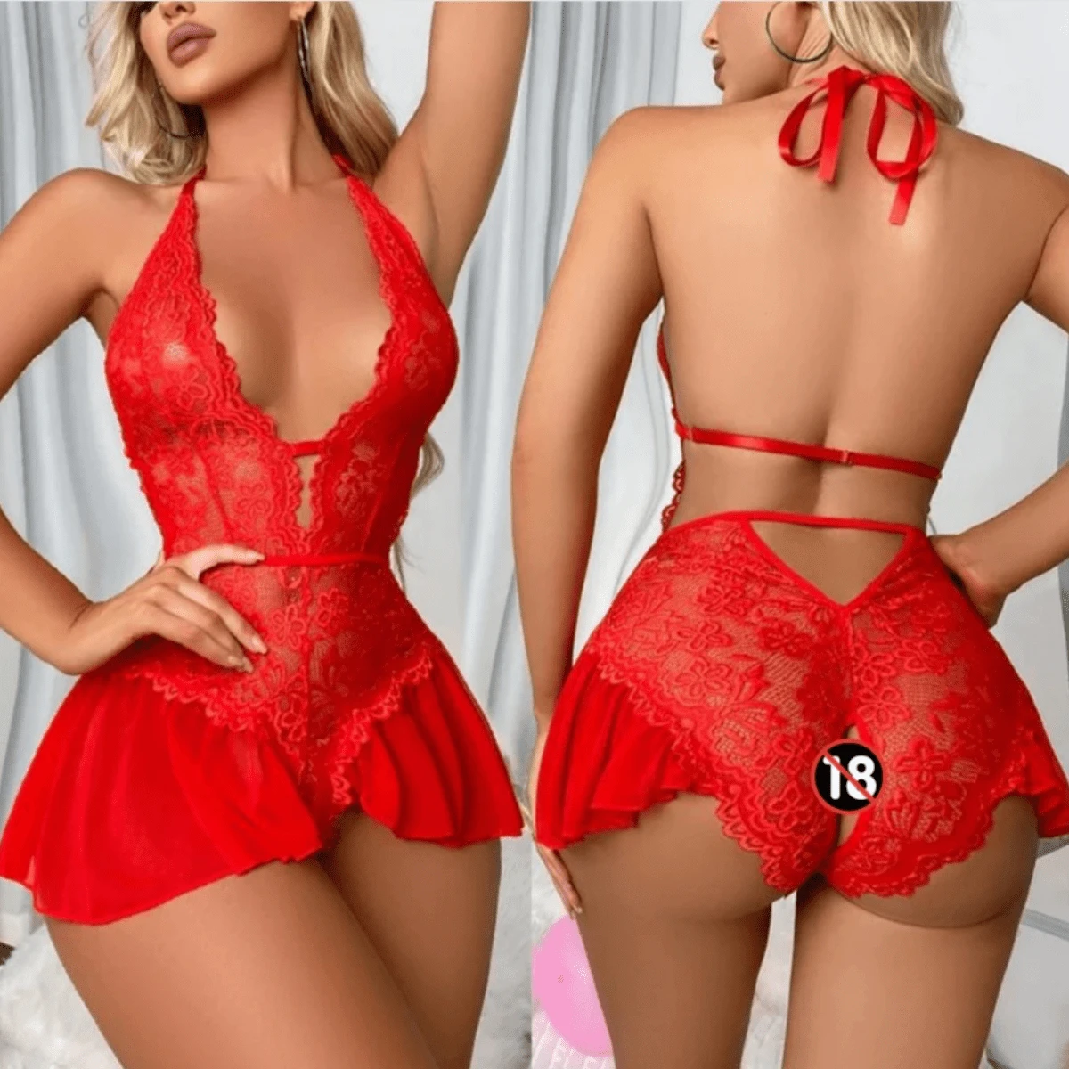 Sexy Lace Bodysuit Lingerie With Tulle Skirt And Opening - Red - View 1
