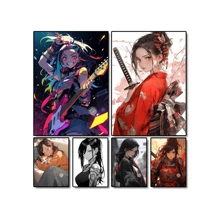 1pc/3PCS Wall Arts Posters Girl Kimono Samurai Knife Poster Cute Anime And Manga Girl Samurai Canvas Painting Printed Wall Art Pictures Suitable For Children's Room Home Decoration, Frameless/Framed ,Wall Art With Frame