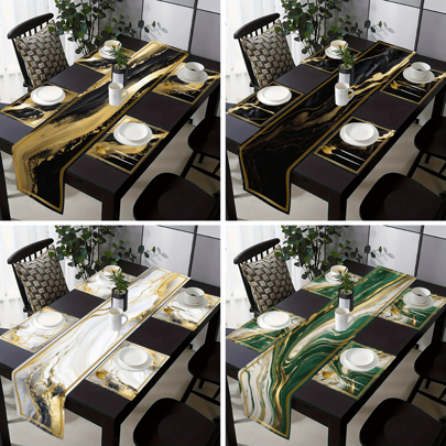 1pc/5pcs/7pcs Luxury Marble Pattern Polyester Printed Table Runner With 6 Pcs Placemats - Polyester, Rectangular, Holiday Tablecloth Fabric, Home Decor, Kitchen Dining Table Decoration, Room Decor, Table Runner