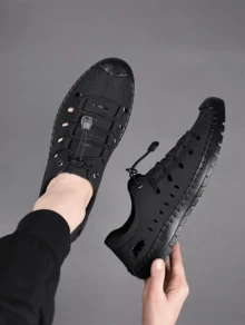 [Fast Arrival] New Men's Sandals, Men's Perforated Shoes, Anti Odor And Anti Slip Soft Soled Breathable Men's Casual Shoes, Men's Black Sandals, Men's Beach Shoes - 黑色 - 查看 2