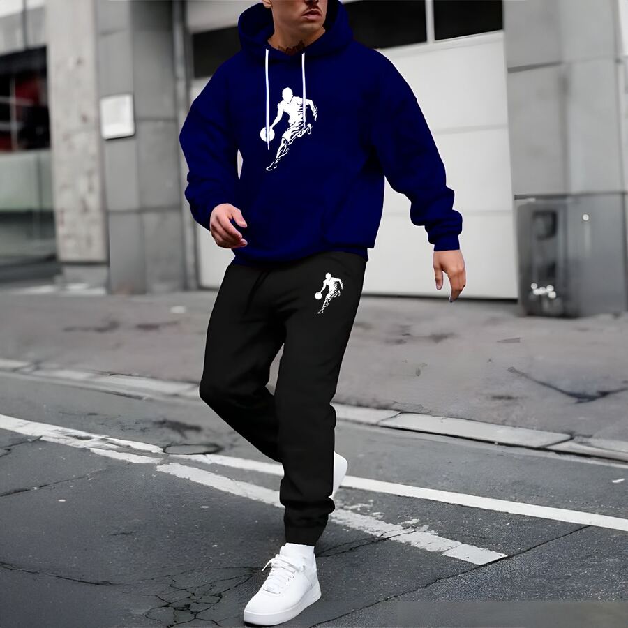 MEN'S SWEATSHIRT WITH PANTS AND PRINTED SHIRT SET NEW HOT CJ002 - Navy Blue - View 1