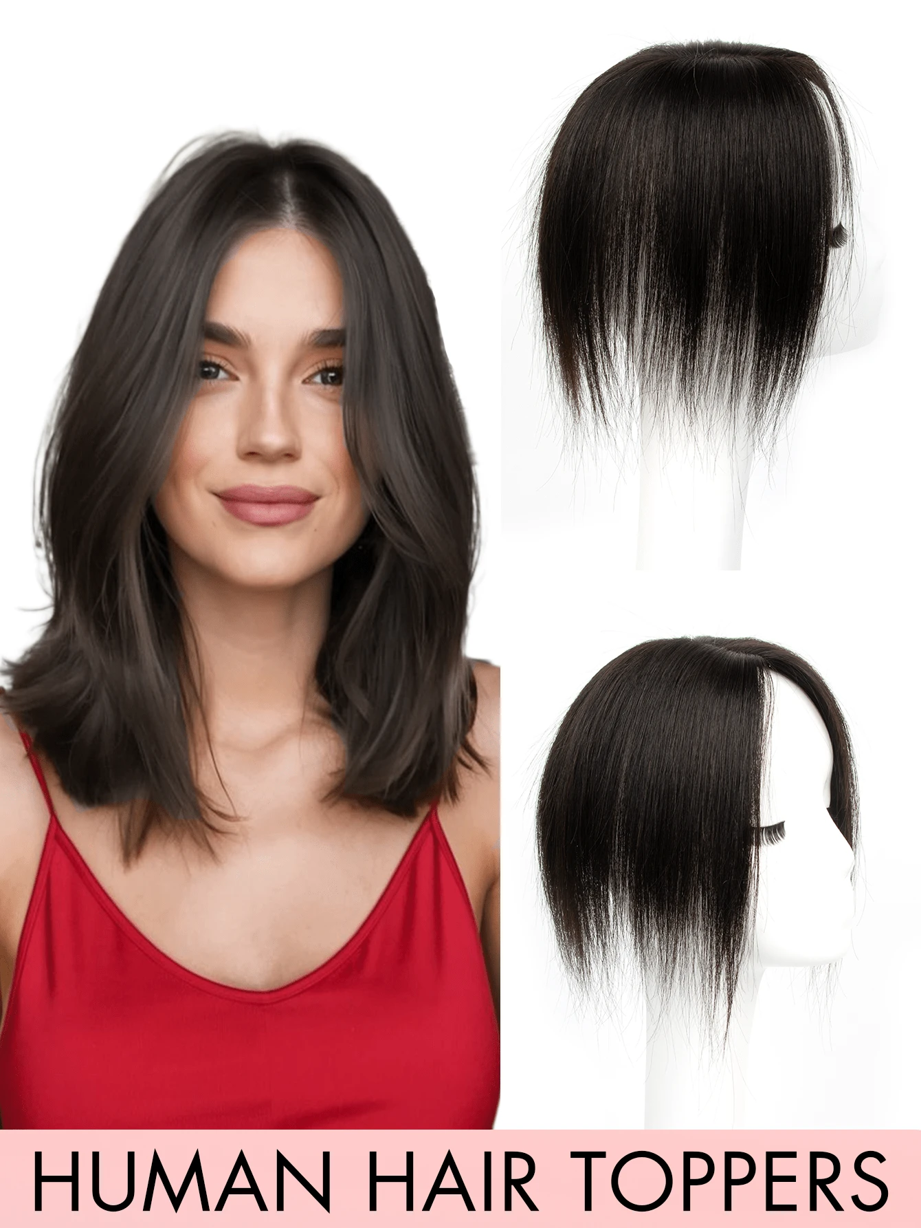 Women's Real Human Hair Topper, No Bangs, 360° 3D Realistic Effect, Suitable For Thin, White, Thinning Hair, Adds Volume, With 3 Clips Hair Piece Base, For Women (Natural Black, 8-14 Inches) - Natural Black - View 1