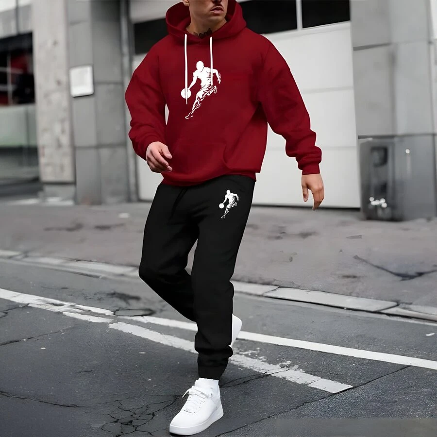 MEN'S SWEATSHIRT WITH PANTS AND PRINTED SHIRT SET NEW HOT CJ002 - 紫紅色 - 查看 1