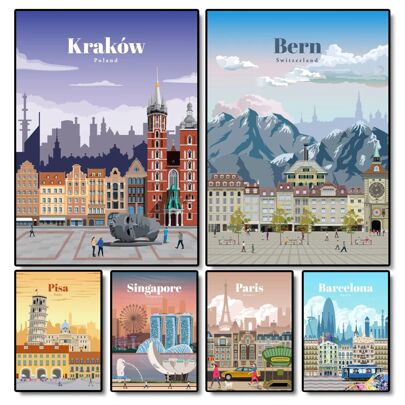 1 pieza/3 piezas Artes de pared Pósteres con opción de marco Viaje Moderno Ámsterdam Tokio Londres Islandia Bali Vancouver Pósteres y impresiones de viaje Arte de pared moderno Pintura de ciudad Pintura al óleo de paisaje Sin marco/Con marco Arte en lienzo