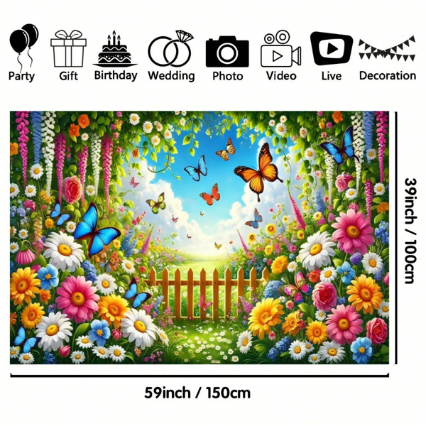 1pc Vibrant Garden Backdrop Fabric - Pink Yellow White Blue Daisy Rose Explosion With Multicolored Butterflies, Wooden Fence & Meadow Grass, Premium Polyester Material For Wedding/Outdoor Photography Decor, No Electricity Needed