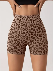 Sport Seamluxe Leopard Scrunch Butt Tummy Control Sports Biker Shorts Stretchy Shorts