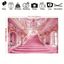 1 pieza Telón de fondo lujoso de escalera en rosa y dorado - Pasamanos con elegantes motivos dorados en espiral y detalles intrincados, diseño simétrico de arcada y paredes florales en flor, material de poliéster premium para el vestíbulo de un hotel lujoso, lugar de boda o decoración del hogar, sin necesidad de electricidad