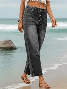 New Women's Stretchy Black Loose Fit Denim Jeans Capri Pants High Quality Fashionable Casual Wear - Black - View 5