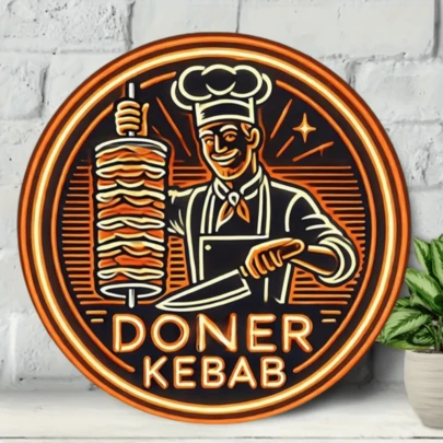 Nghệ thuật treo tường 2D - 1 tấm biển sắt "Kebab Thổ Nhĩ Kỳ Doner" 8" - 2D phẳng, không phát sáng, không cần nguồn điện, kiểu lỗ ngẫu nhiên - Lý tưởng để trang trí tường ngoài trời tại nhà, quán cà phê, v.v. - Quà tặng lễ hội