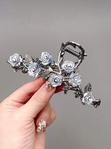 1 Peça Presilha Decorativa de Cabelo de Estilo Elegante em Liga de Metal Preta com Rosa para Coque, Estilo Minimalista e de Luxo, Presilha de Cabelo para Uso Diário, Grampos de Cabelo, Grampo de Cabelo, Pinças de Cabelo, Clipe de Cabelo