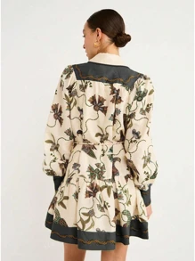 Women's Spring And Summer Short Dress Bohemian Printed Casual Cardigan Long Sleeve Printed Lapel Dress