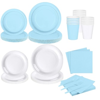 10/20 件蓝白纯色派对用品套装，包括 7/9 英寸纸盘、餐巾、杯子，适用于生日派对、家庭聚会、野餐、婚礼订婚装饰